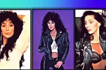 3 images of Cher in an artistic painting leather jackets