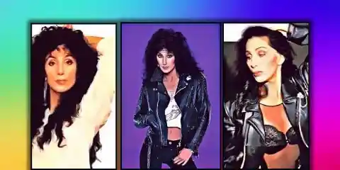 3 images of Cher in an artistic painting leather jackets