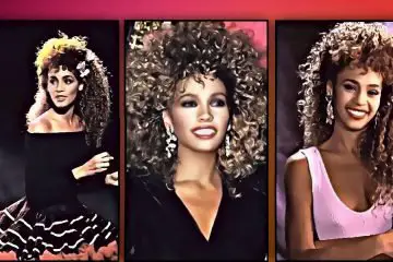 styles of Whitney Houston in 80s clothing, in pink dress, off the shoulder top with tutu skirt and black velvet dress. wearing big statement earrings.