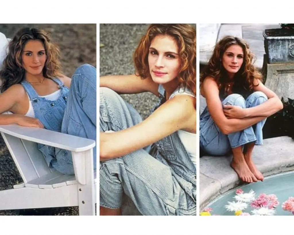 Julia Roberts wearing denim overalls 80s style collage