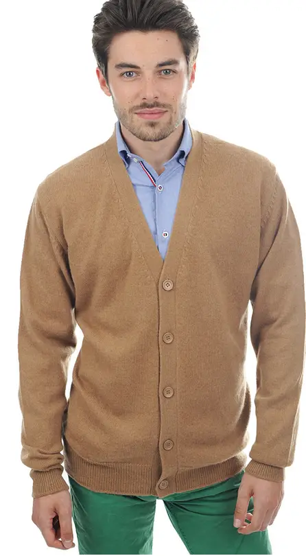 Man wearing cashmere v neck cardigan