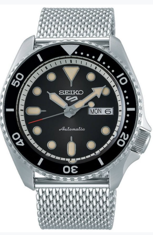 Photo by Watch Nation (Seiko 5 Sports Black Dial Silver Steel Mesh Bracelet Automatic Watch)