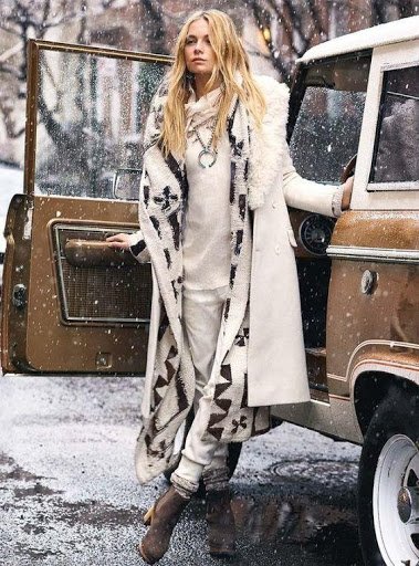 Women wearing cream winter boho style coat Via Pinterest