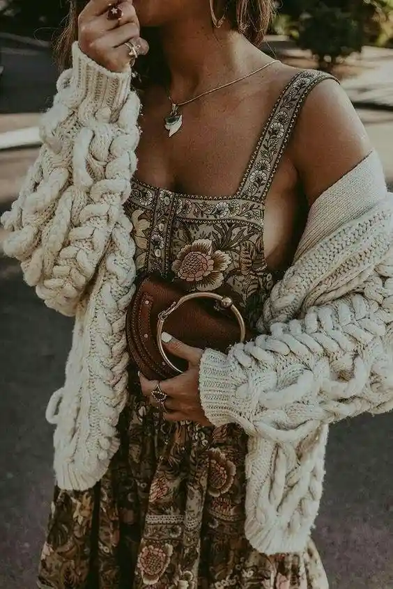 bohemian knit chunky sweater with pinafore dress and tan bag 