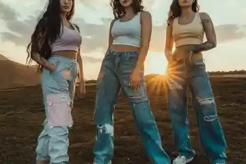 three women wearing baggy jeans